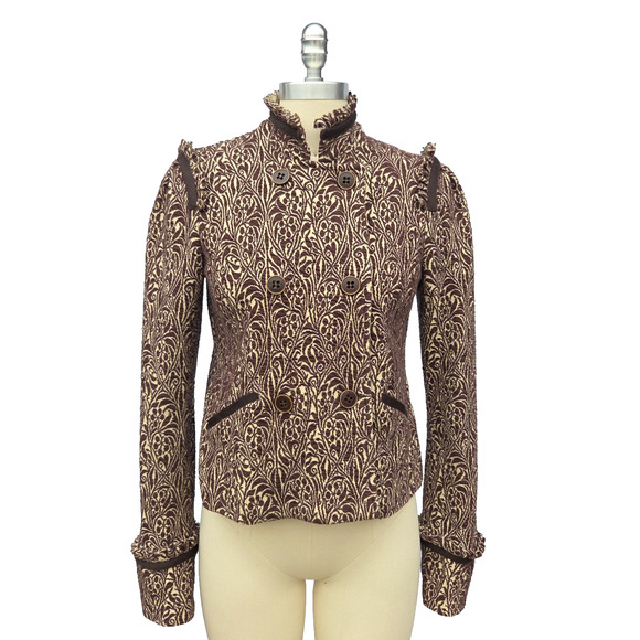 Diane von Furstenberg Logan Double Breasted Paisley Ruffle Blazer Size 10 Brown